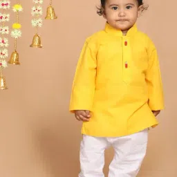 VASTRAMAY SISHU Yellow & White Cotton Straight Fit Kurta Set image 4