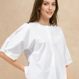 RAREISM White Cotton Solid Three-Quarter Sleeves Top-picture-44