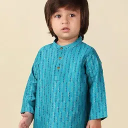 Fabindia Kids Turquoise Printed Full Sleeves Kurta-image-1