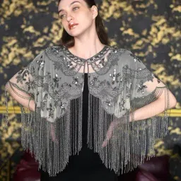 Odette Grey Tasselled Embellished Regular Fit Cape image 2