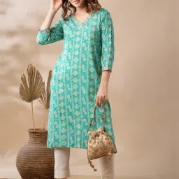 Globus Green Print Straight Kurta-image-93