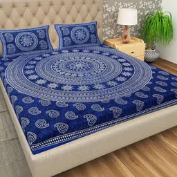 DGSM CRAFT Blue & Multicoloured Ethnic Motifs 144 TC King Bedsheet with 2 Pillow Covers-picture-10