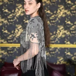 Odette Grey Tasselled Embellished Regular Fit Cape image 4