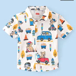 Babyhug 100% Cotton Knit Half Sleeve Shirt With Teddy Print - White-picture-14