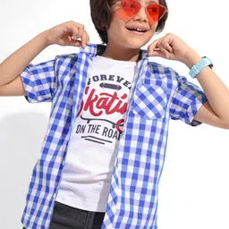 Pine Kids Cotton Half Sleeves Check Shirts With T-Shirt Text Print- Blue & White-image-39