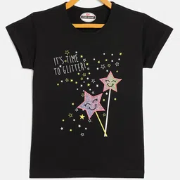 Fort Divine Cotton Lycra Knit Half Sleeves Its Time To Glitter Text Printed Tee - Black-picture-25