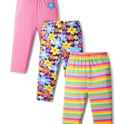Babyhug Cotton Knit Full Length Leggings With Stripes & Floral Print Pack Of 3 - Pink Navy Blue & Yellow-picture-11