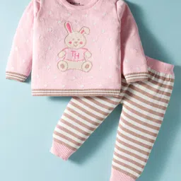 ToffyHouse Cotton Knit Full Sleeves Winter Wear Suit Set With Teddy Print & Stripes - Pink & White-image-72