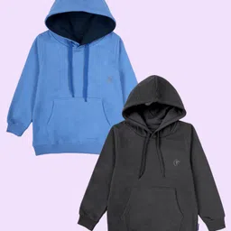 Kiddopanti Fleece Knit Pack Of 2 Full Sleeves Brand Logo Printed Light Winter Hooded Sweatshirts - Dusty Blue & Charcoal Grey-picture-21