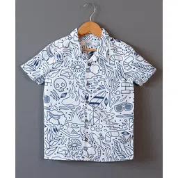 The Lion and the Fish Woven Half Sleeves Doodles Printed Shirt - White-picture-26