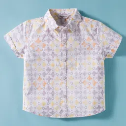 ToffyHouse Cotton Woven Half Sleeves Printed Shirt & Shorts Set with Bow & Suspender - White & Beige image 2