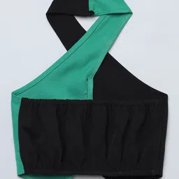 Taffykids Woven Sleeveless Cut & Sew Halter Neck Crop Top - Black & Green image 3