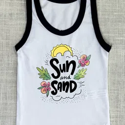 COCOON ORGANICS 100% Cotton Knit Sleeveless Sun Sand Text Printed Anti Microbial Stretchable Tee With Shorts Set - White & Black image 4