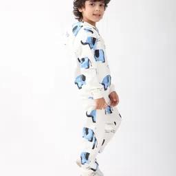 Anthrilo Fleece Knit Full Sleeves Elephants Printed Winter Hoodie With Coordinating Joggers Set - White image 4