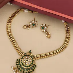 ABDESIGNS Sophisticated Gold Plated Kempstone Studded & Beaded Temple Jewellery Set image 2