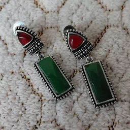 Archi Collection Silver-Plated Artificial Stones Studded Geometric Oxidised Drop Earrings image 3