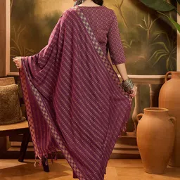 Sangria Geometric Woven Design Round Neck Pure Cotton A-Line Kurta & Trousers With Dupatta image 2