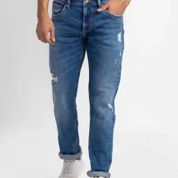 Spykar Mid Blue Cotton Comfort Fit Distressed Jeans-picture-48