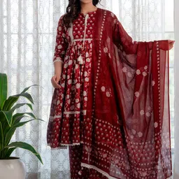 IndigoFerry Floral Printed A-Line Pure Cotton Mirror Work Kurta with Trousers & Dupatta image 1
