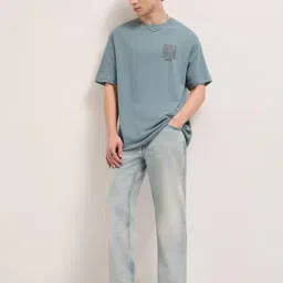 The Bear House Blue Cotton Self Design Relaxed Fit Oversize T-Shirt image 5