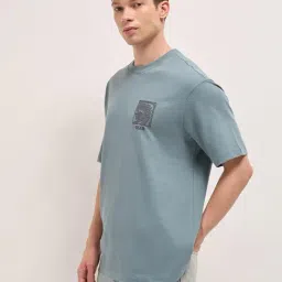 The Bear House Blue Cotton Self Design Relaxed Fit Oversize T-Shirt image 4