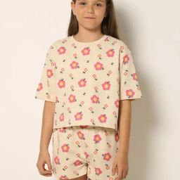 VERO MODA GIRL Cream & Pink Cotton Floral Print T-Shirt-picture-39