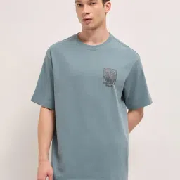 The Bear House Blue Cotton Self Design Relaxed Fit Oversize T-Shirt image 3