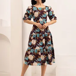 AASK Women Floral Print Puff Sleeve Crepe Fit & Flare Midi Dress image 2