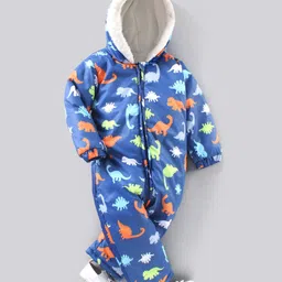 Babyhug Woven Full Sleeves Hooded Rompers Dino Print - Blue-picture-14