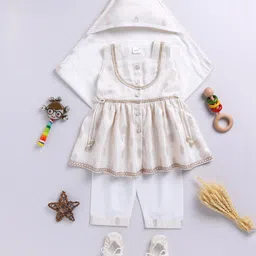 Vastramay Sleeveless Ethnic Foil Printed Kurta With Kantha Work Detailed Pant Swaddle & Booties Set - Cream-picture-13