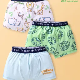 Babyoye Cotton Elastine Knit Trunk With Leaves & Elephant Print Pack Of 3 - White Green & Light Blue-picture-27