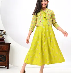 FlyFinns Rayon Floral Printed Anarkali Kurta With Three Fourth Sleeves Jacket - Lemon Yellow-picture-14