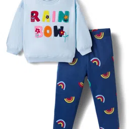 Bonfino 100% Cotton Knit French Terry Full Sleeves Oversized Sweatshirt with Leggings Set with Rainbow Text & Print - Blue & Navy Blue image 1
