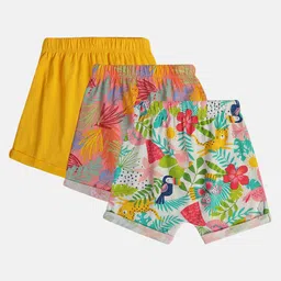 MINI KLUB Cotton Woven Pack Of 3 Solid & Floral Printed Shorts - Pink Mustard & White-image-97