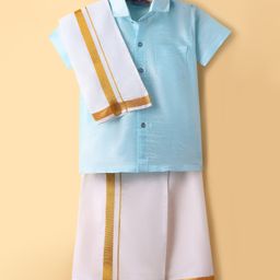 Dapper Dudes Cotton Silk Woven Half Sleeves Solid Shirt With Placement Foil Striped Mundu & Angavastram Set - Sky Blue-picture-28