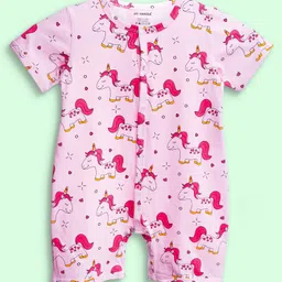 Be Awara Cotton Knit Half Sleeves Unicorns Printed Romper - Pink-image-2