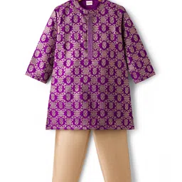 Babyhug Brocade Full Sleeves Kurta Pajama Set with Floral Embroidery - Purple-picture-39