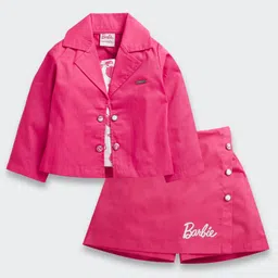 Barbie by Tiny Girl Cotton Woven Full Sleeves Solid Jacket & Skort Set With Inner - Hot Pink-picture-11
