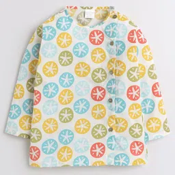 Polka Tots Full Sleeve All Over Star Fish Print Kurta With Coordinating Dhoti - Multi Colour & Cream image 3