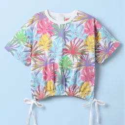 Babyhug Cotton Knit Half Drop Shoulder Sleeves Top with Tropical Theme Print - White image 2
