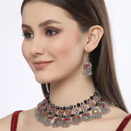 Shining Diva Silver-Plated Stone-Studded & Beaded Oxidised Jewellery Set image 3