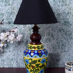 Unravel India Yellow & Blue Printed Handcrafted Mughal Art Table Lamp image 2
