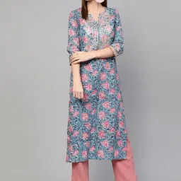 Idalia Blue Cotton Floral Print Straight Kurta-picture-11