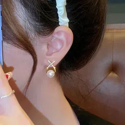 PolluxCraft Gold-Plated Pearl Studded Cross Shaped Korean Studs image 3