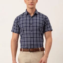 Jainish Navy Cotton Regular Fit Checks Shirt-picture-25