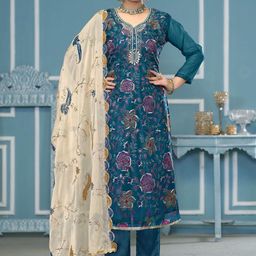 MANVAA Floral Printed Beads & Stones Organza Unstitched Dress Material-picture-22