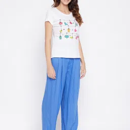 Clovia White & Blue Printed T-Shirt With Pants image 3