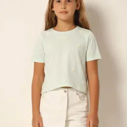 VERO MODA GIRL Blue Cotton Floral Print T-Shirt-image-61