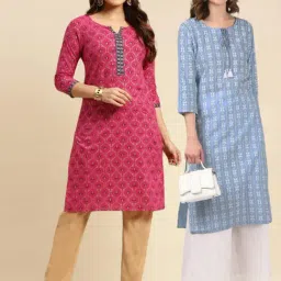 Rangita Pink & Blue Cotton Printed Straight Kurta - Pack OF 2-image-7