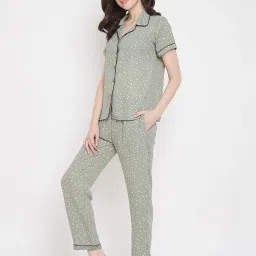 Clovia Sage Green Printed Shirt With Pyjamas image 4
